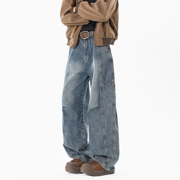 Pantalones Vaqueros Holgados Retro con Pliegues Lavados para Hombre