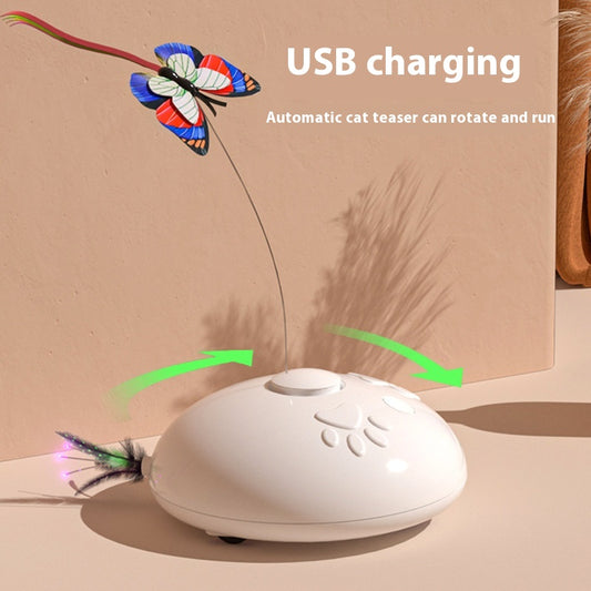 White electric cat toy with a colorful butterfly on a flexible wire and green feathers extending from the base.