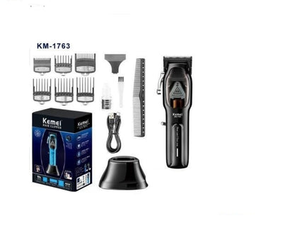 Blue electric hair clipper set with charging base, USB cable, cleaning brush, oil, and six guide combs. - Image 7