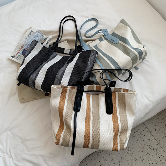 Bolsa Tote de Lona con Asa Simple - Diseño a Rayas con Contraste de Colores - Image 9