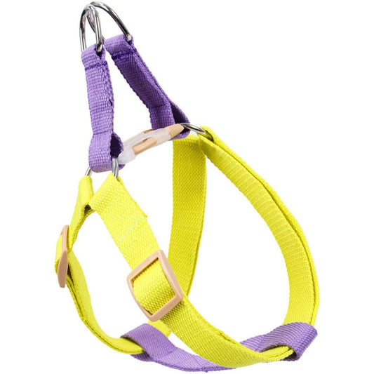 Yellow and purple no-pull dog harness with adjustable nylon straps, plastic buckles, and metal D-rings.