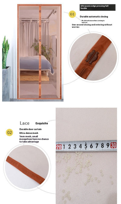 Black magnetic mosquito-proof curtain installed in a white doorway, with a puppy sitting in front of it. - Image 14