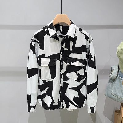Camisa de Algodón con Estampado Geométrico Blanco y Negro