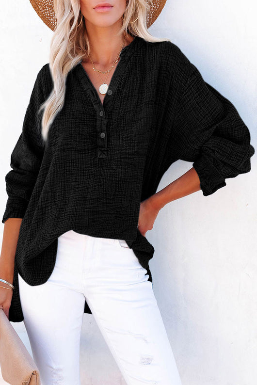 Blusa Suelta de Manga Larga con Cuello y Botones Decorativos - Otoño - Image 9
