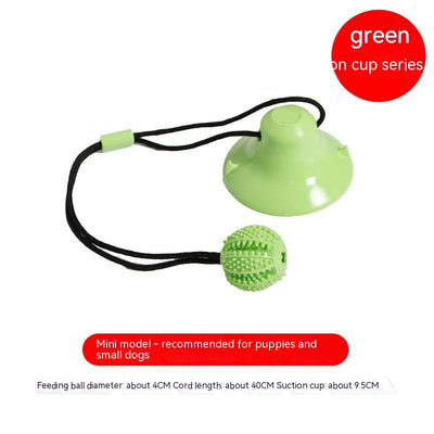 Green dog toy with a suction cup base and a textured ball on a black cord, designed for food dispensing and teeth cleaning. - Image 4