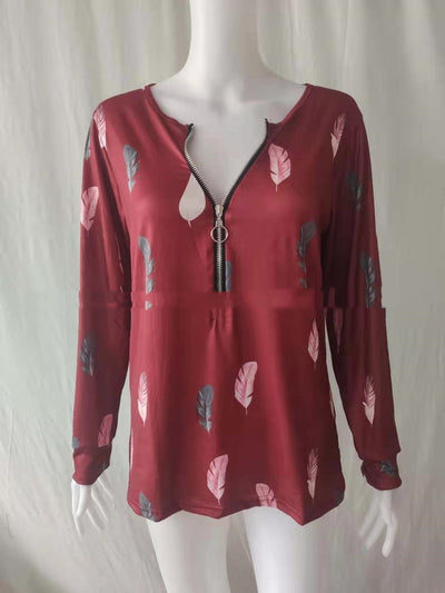 Blusa Holgada con Cremallera y Estampado de Plumas para Mujer - Image 9
