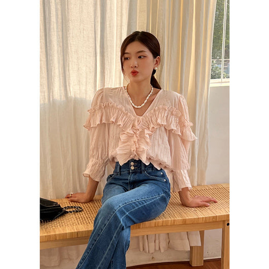 Blusa Crop Top con Volantes y Cuello en V - Image 3