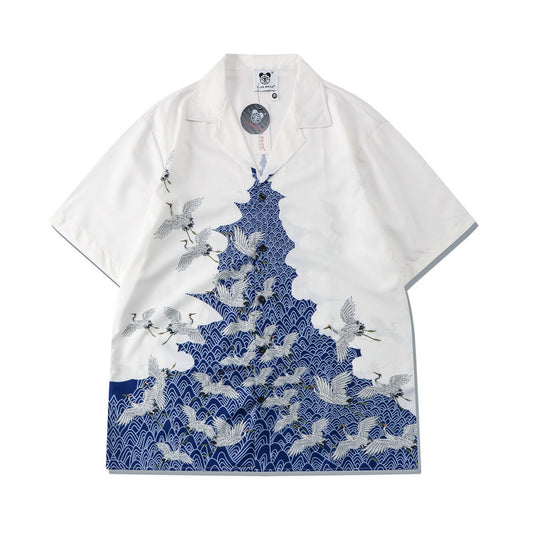 Camisa Suelta Estampada Grúa Azul y Blanco Manga Corta - Image 2
