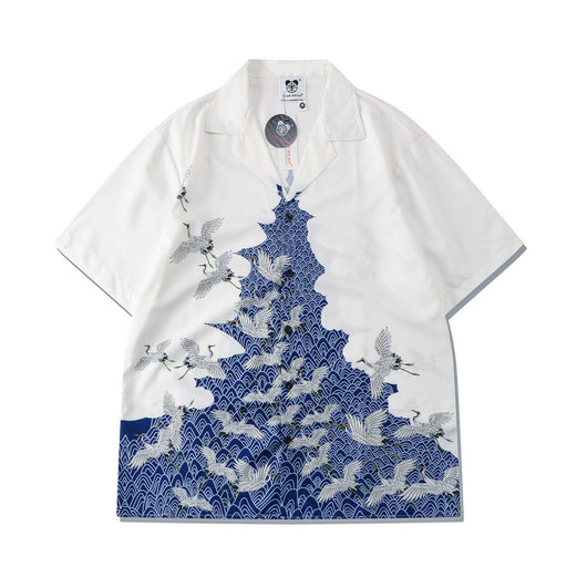 Camisa Suelta Estampada Grúa Azul y Blanco Manga Corta - Image 2