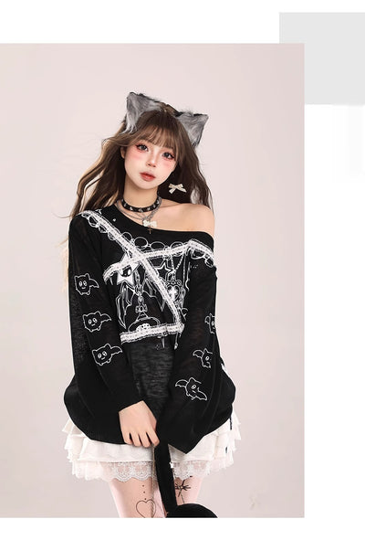 Sudadera Tejida con Encaje en Hombros y Diseño Graffiti Retro para Mujer - Image 11