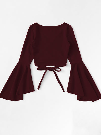 Blusa Crop Top Manga Murciélago Rojo Oscuro para Otoño e Invierno - Image 5