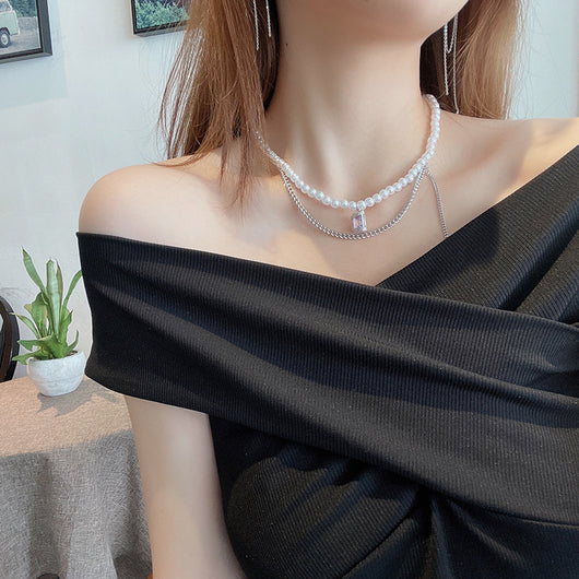 Conjunto de Collar y Aretes con Perla, Borla y Circón Púrpura en Cobre - Image 4