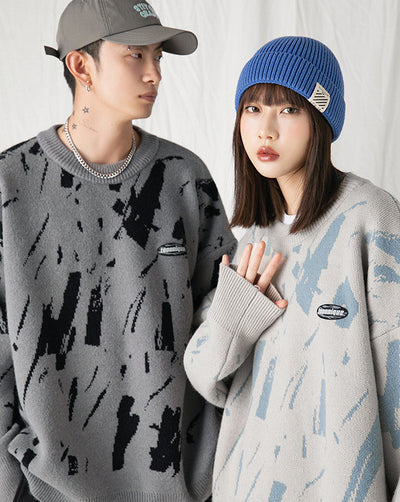 Suéter Hombre Cuello Redondo Diseño Jacquard Salpicaduras de Tinta Japonés