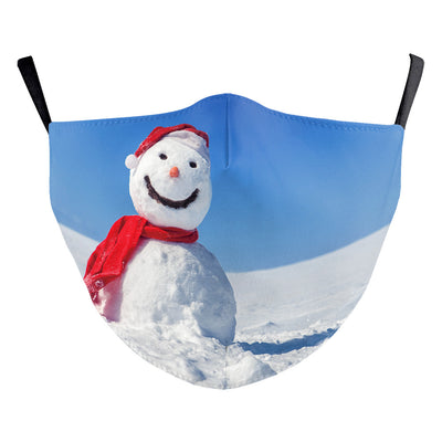 Black dustproof face mask with a digital print of Santa Claus and two reindeer in a snowy forest scene. - Image 4