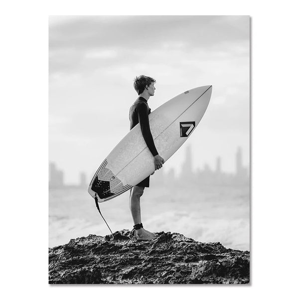 Cuadro Decorativo Playa Nórdico Moderno Blanco y Negro - Póster sin Marco Surf