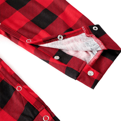 Red and black buffalo plaid family pajama sets, including adult tops and bottoms, kids' pajamas, and a baby romper. - Image 10