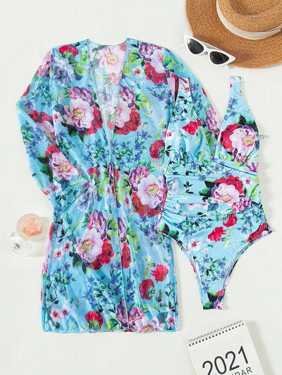 Traje de Baño Tres Piezas con Estampado Botánico Plisado - Image 8