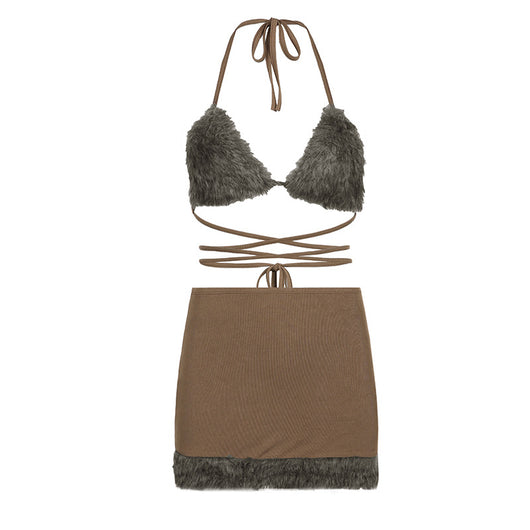 Conjunto de Dos Piezas: Top Halter Fuzzy con Falda Corta de Cintura Alta - Image 9