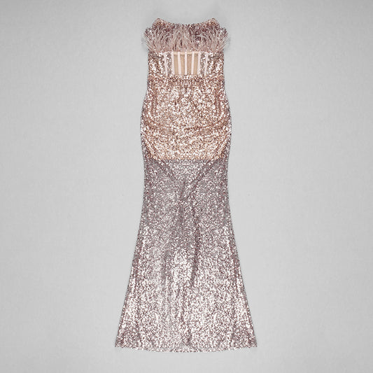 Vestido Strapless con Lentejuelas, Plumas y Detalles Calados - Image 2