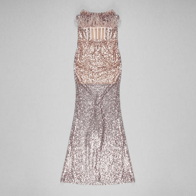 Vestido Strapless con Lentejuelas, Plumas y Detalles Calados - Image 2