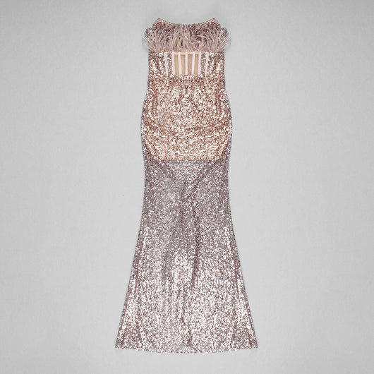 Vestido Strapless con Lentejuelas, Plumas y Detalles Calados - Image 2