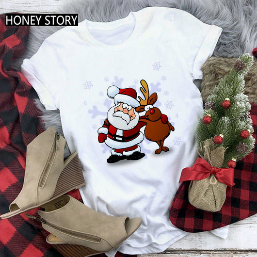 Playera Navideña Roja para Parejas - Diseño Reno y Santa - Image 38