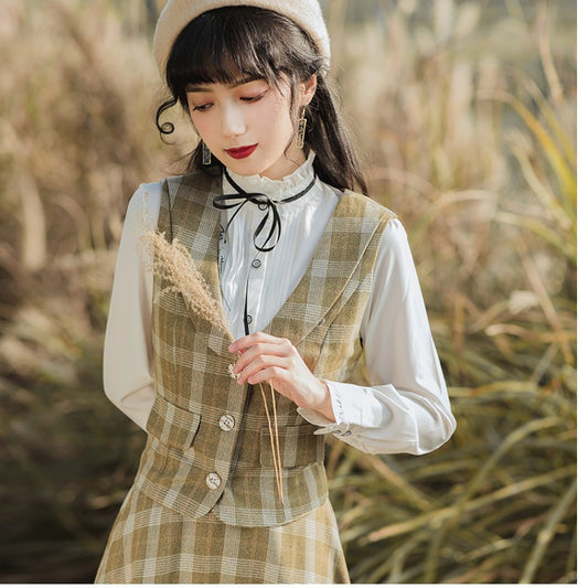 Conjunto Falda y Chaleco Cuadros Retro con Cuello Alto
