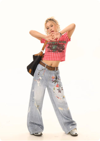 Jeans Holgados Estilo Americano con Estampado de Cadena para Mujer - Image 8