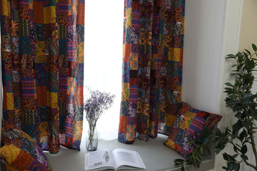 Bohemian retro style cotton linen curtains with a vibrant geometric patchwork pattern, one tied back with a rope. - Image 16