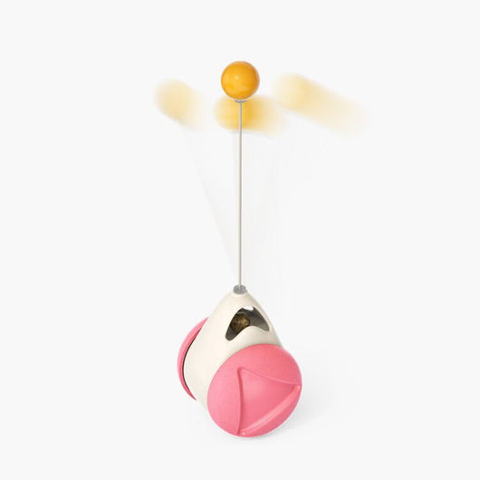 Yellow cat turntable windmill toy with a smiling face, spring, rotating arms, and a feather wand. Two kittens play with the toy. - Image 12