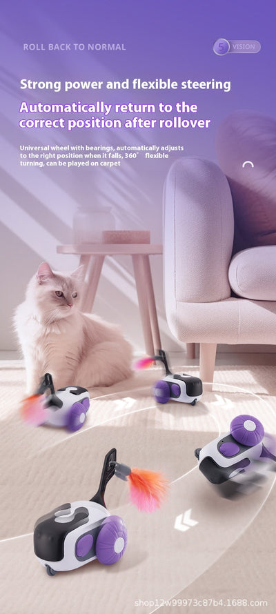 White and black remote control cat toy car with purple wheels and an orange feather, next to a white cat-shaped remote. - Image 13