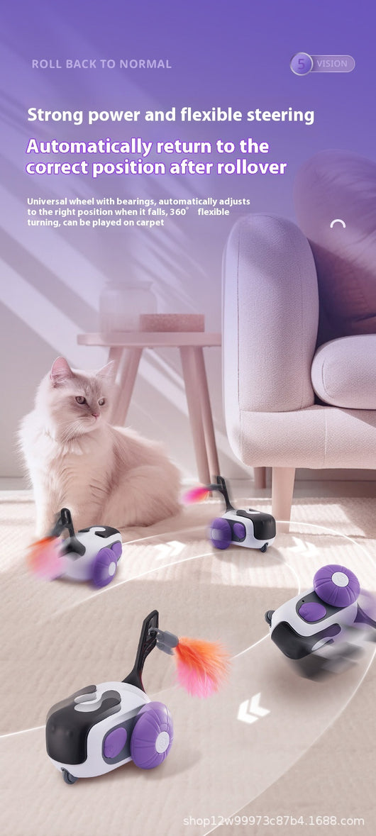 White and black remote control cat toy car with purple wheels and an orange feather, next to a white cat-shaped remote. - Image 13