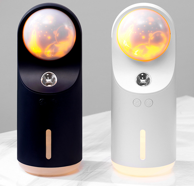 White and dark gray mini wireless ultrasonic humidifier and essential oil diffuser with an illuminated LED night lamp. - Image 11