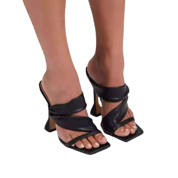 Pantuflas de Tacón Alto Stiletto Cuadrado Dorado Talla Grande para Mujer