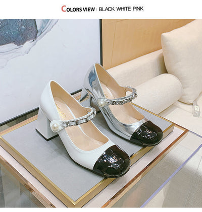 Zapatos de Tacón Alto Retro con Perlas - Punta Redonda en Charol - Image 19