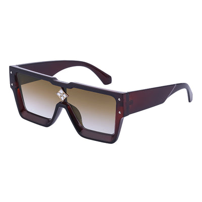 Black large frame square sunglasses with dark lenses and a gold star-shaped embellishment on the bridge. - Image 32