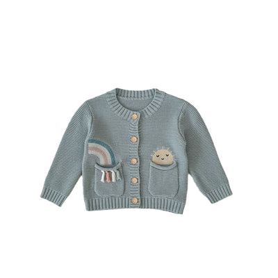 Cardigan Infantil de Algodón con Patrón Arcoíris Bordado y Bolsillos Dobles - Image 5
