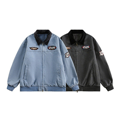 Chaqueta de Mezclilla Universitaria con Bordado en Solapa para Parejas - Image 3