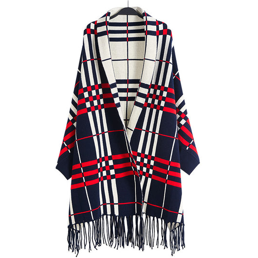 Cardigan Cuadros Tejido Mujer con Flecos - Abrigo Chal Largo - Image 5