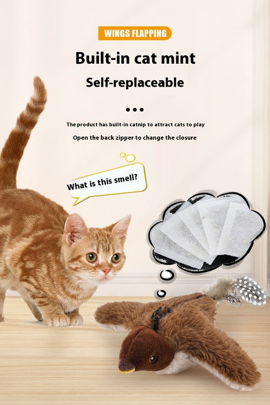 Electric simulation bird cat toy with black and white speckled plush body, olive green head, and feathered tail. Includes a black sling for hanging and USB char - Image 8