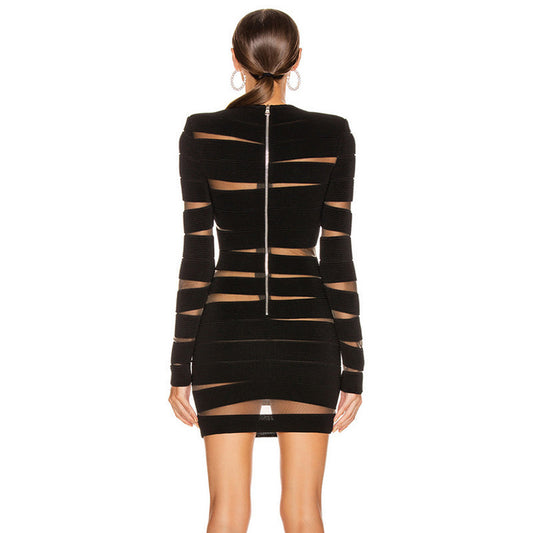 Vestido Negro Clásico Manga Larga con Capas Irregulares Estilo Europeo - Image 2