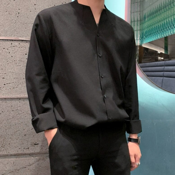 Camisa Slim Fit con Cuello Mao - Manga Larga Elegante para Hombre