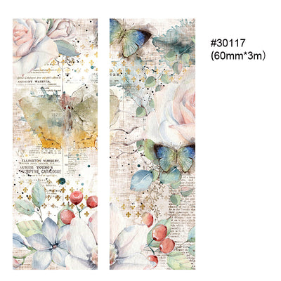 Two rolls of vintage floral washi tape with clocks, feathers, and text overlays, measuring 55mm x 5m. - Image 9
