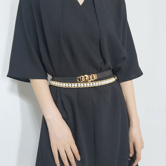 Black elastic belt for women with a gold-tone chain link buckle, perfect for dresses and shirts. - Image 2