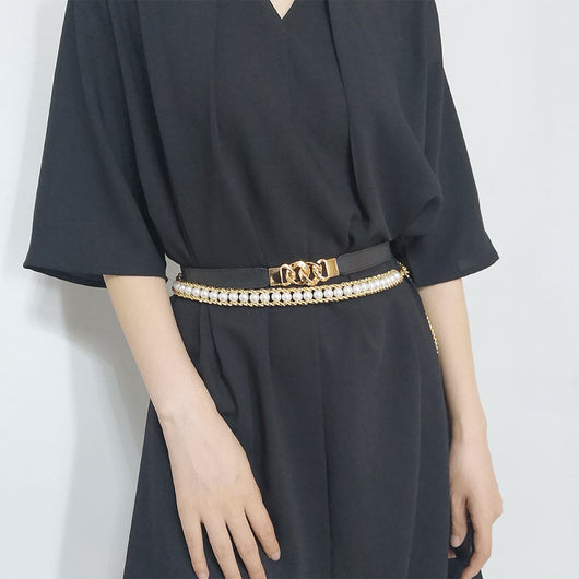 Black elastic belt for women with a gold-tone chain link buckle, perfect for dresses and shirts. - Image 2