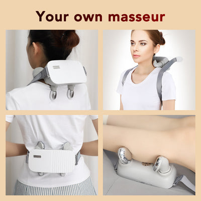 White and grey 3D smart neck massager with remote control, USB cable, and user manual, shown with its packaging. - Image 14