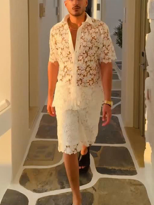 Conjunto de Blusa y Shorts con Encaje Floral Blanco