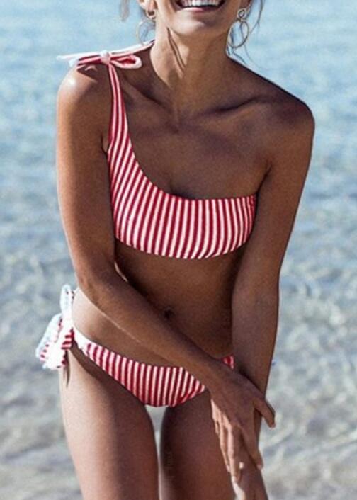 Bikini Asimétrico con Encaje y Rayas Multicolor para Mujer - Image 6