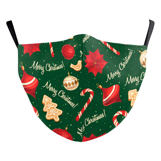 Green Christmas dustproof face mask with a festive pattern of red and gold ornaments, candy canes, gingerbread, and "Merry Christmas!" text. - Image 27