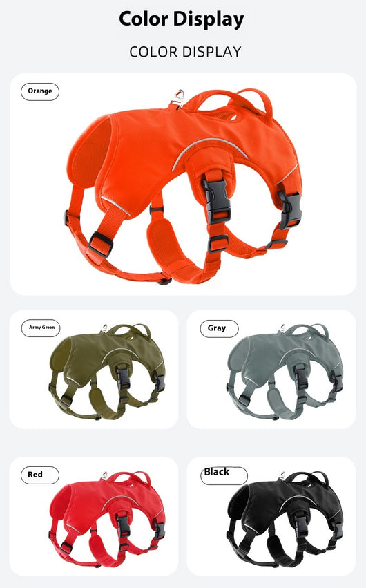 Orange dog harness with reflective trim, black buckles, and a top handle, designed for large dogs. - Image 22